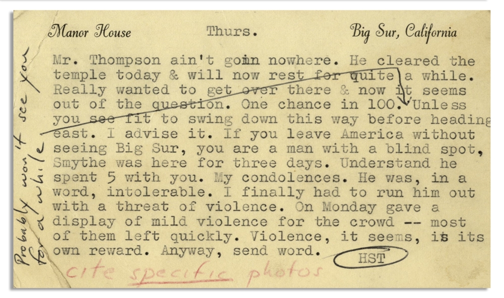 Hunter Thompson Postcard From Big Sur in 1961 -- ''...If you leave America without seeing Big Sur, you are a man with a blind spot...gave a display of mild violence for the crowd...''